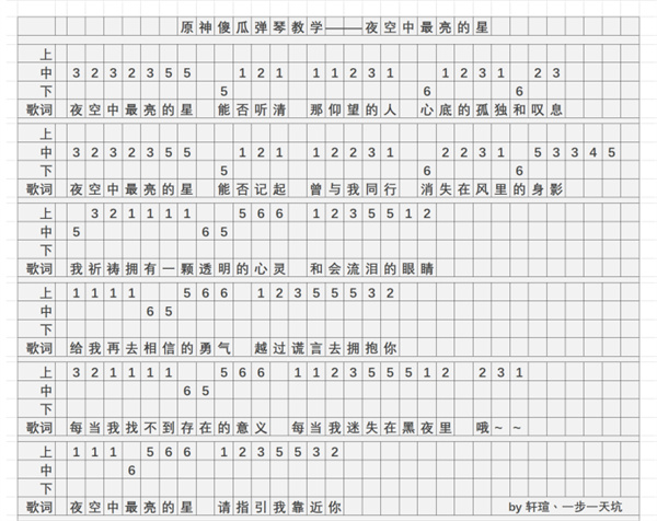 《原神》夜空中最亮的星琴谱简谱分享